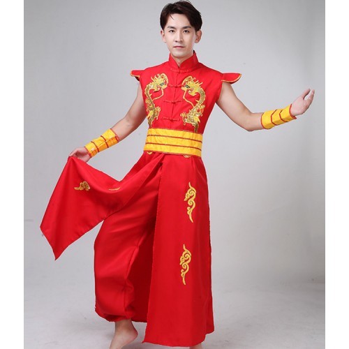 Men's chinese folk dragon lion dance costumes male china style red colored stage performance drummer dance clothes dresses